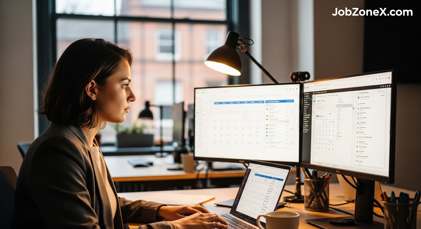 Woman working at dual computer screens