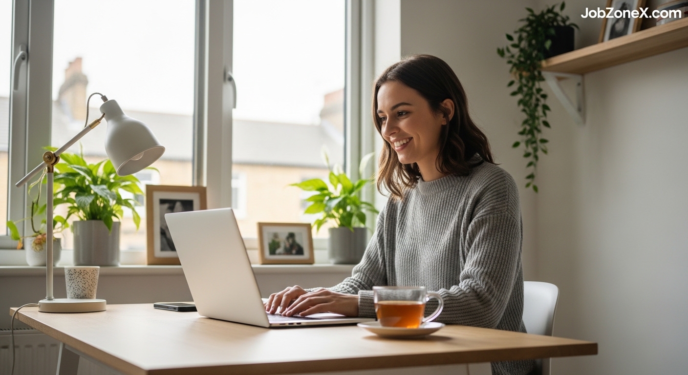 Woman working on laptop at home