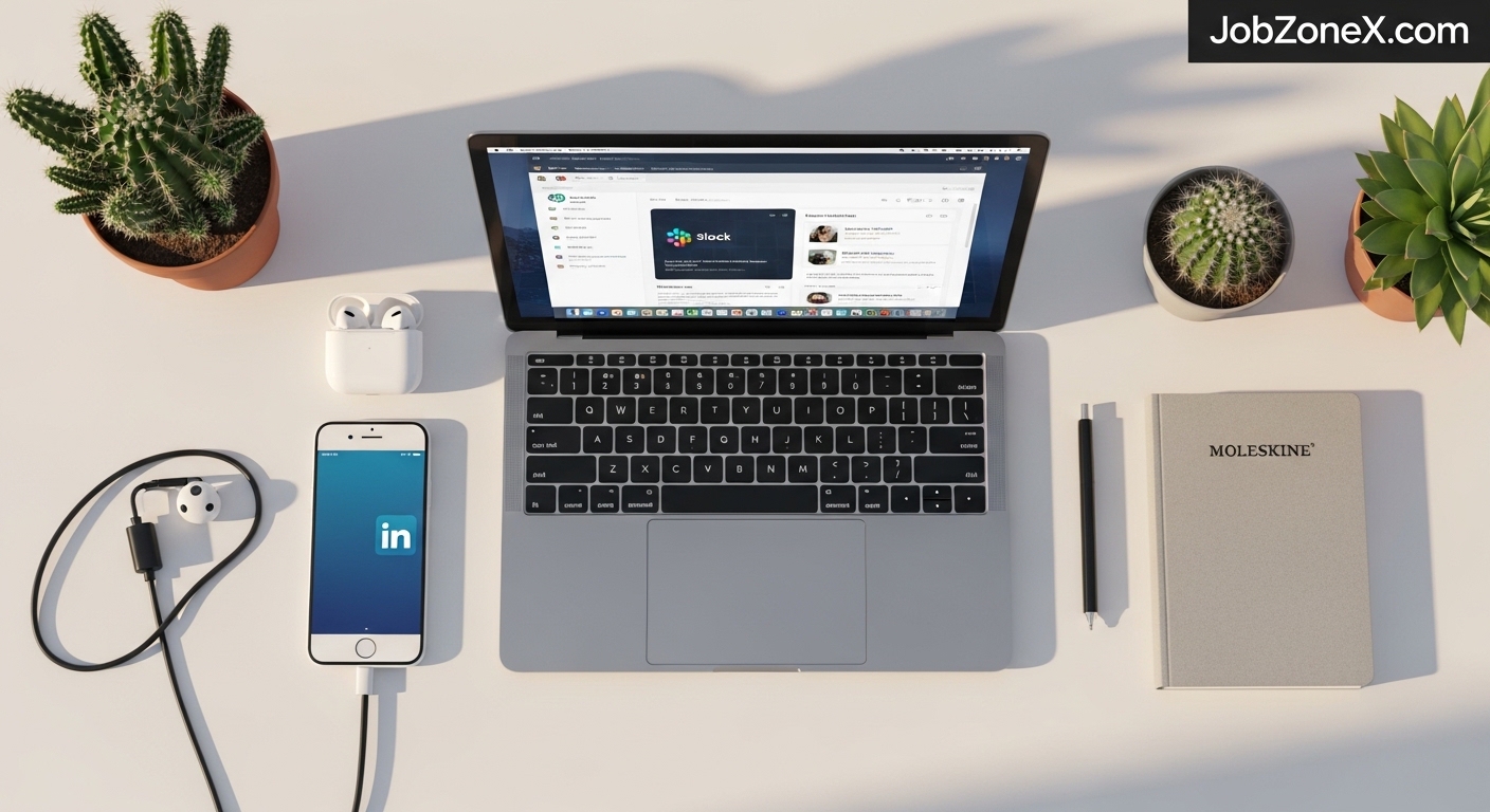 Laptop, phone, notebook, and plants.